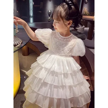 בנות שמלת נסיכת הקיץ 2023 חדש אופנתי ילדים הלבן של רשת עוגת שמלה של הבנות בועות שרוול שמלת
