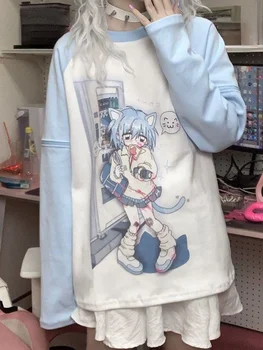 Y2k אסתטי להסרה שרוול חולצת טריקו נשים Kawaii חתול הדפסה גראנג ' מקסימום יפנית Harajuku חולצת טי Fairycore E-ילדה אופנת רחוב
