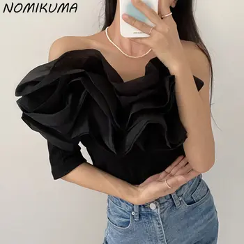 Nomikuma מחוץ כתף סקסית סטרפלס גרפי חולצות לפרוע שיק טלאים Y2k העליון 2023 הקיץ החדש קוריאנית סלים חולצה לנשים