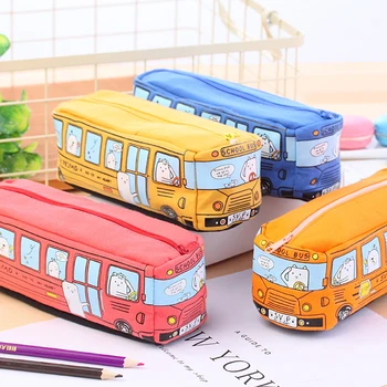 קלמר קיבולת גדולה בד עיפרון התיק קריקטורה חמודה אוטובוס הילדים 